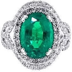 11,25 karaat ovaal geslepen groene smaragd en diamanten 14K witgouden jubileumring