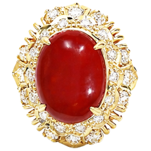 Afbeelding in Gallery-weergave laden, 13.50 Ct Ovaal Rood Koraal Met Ronde Diamanten Ring Geel Goud 14K
