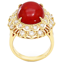 Afbeelding in Gallery-weergave laden, 13.50 Ct Ovaal Rood Koraal Met Ronde Diamanten Ring Geel Goud 14K
