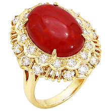 Afbeelding in Gallery-weergave laden, 13.50 Ct Ovaal Rood Koraal Met Ronde Diamanten Ring Geel Goud 14K

