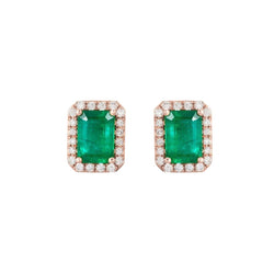 14K Rose Gold groene smaragd met diamant 8 karaat Lady Stud Halo oorbellen