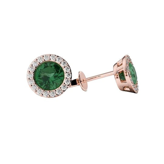 14K Rose Gold ronde 4,50 karaat groene smaragd met diamanten oorknopjes