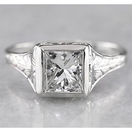 1 Karaat Solitaire Prinses Echt Diamanten Ring Antieke Stijl Wit Goud 14K
