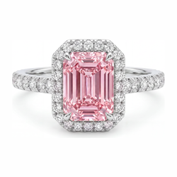 Ring met roze diamant 2,5 karaat labgekweekt smaragdgeslepen Halo 14K Witgoud