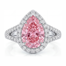 Verlovingsring met roze diamant 2,5 karaat labgekweekt peervormige halo 14K witgoud