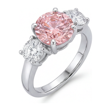 Afbeelding in Gallery-weergave laden, Verlovingsring met roze diamant 2,5 karaat labgekweekt rond drie stenen 14K Witgoud
