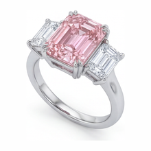 Afbeelding in Gallery-weergave laden, Labgekweekte roze diamant 2,75 karaat smaragdgeslepen ring met drie stenen 14K witgoud
