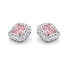Afbeelding in Gallery-weergave laden, Roze diamanten oorbellen 2 karaat labgekweekt radiant halo 14K Witgoud
