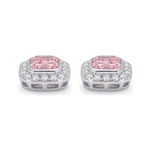 Afbeelding in Gallery-weergave laden, Roze diamanten oorbellen 2 karaat labgekweekt radiant halo 14K Witgoud
