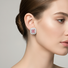 Afbeelding in Gallery-weergave laden, Roze diamanten oorbellen 2 karaat labgekweekt radiant halo 14K Witgoud
