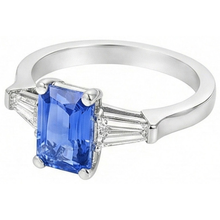 Afbeelding in Gallery-weergave laden, 2 karaat dames sieraden blauwe saffier ring taps toelopende stokbrood 3 steen
