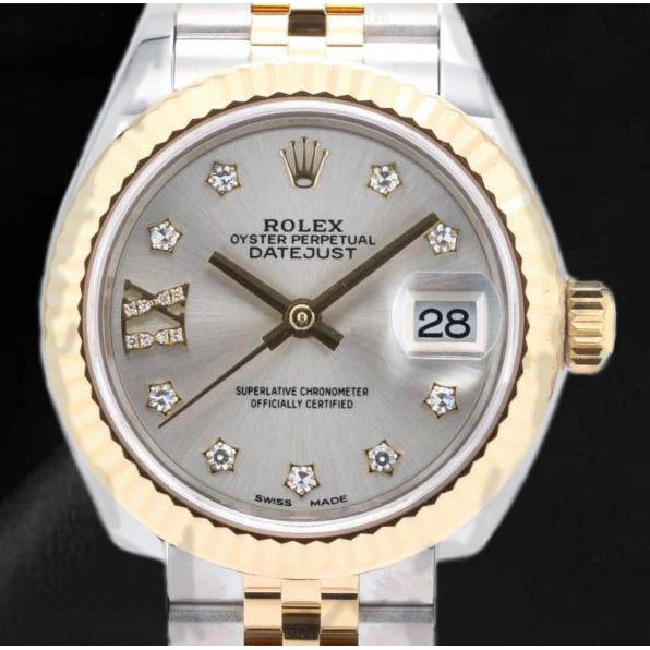 279173 Prachtig Rolex dameshorloge met zilveren diamanten wijzerplaat, 18K goud