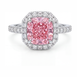 Roze diamanten ring 3,25 karaat labgekweekt kussenslijpsel halo pavé 14k witgoud
