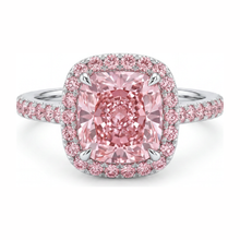 Afbeelding in Gallery-weergave laden, Roze verlovingsring 3,25 karaat labgekweekte kussengeslepen diamant halo pavé 14k witgoud
