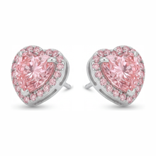 Afbeelding in Gallery-weergave laden, Roze diamanten oorbellen 3,5 karaat labgekweekt hart halo 14K witgoud
