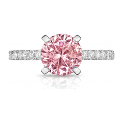 Roze diamant verlovingsring 3,5 karaat labgekweekt rond pavé kathedraal 14K witgoud