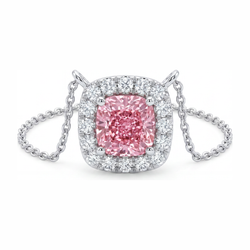 Roze diamanten collier met 3,75 karaat labgekweekte kussengeslepen halo-hanger in 14k witgoud