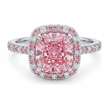 Afbeelding in Gallery-weergave laden, Labgekweekte roze diamant 3,75 karaat kussenvormige halo ring 14K witgoud
