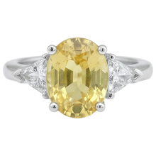Afbeelding in Gallery-weergave laden, 3.75 ct gele saffier en Natuurlijke echte diamanten ( niet in een laboratorium gekweekt ) 3 stenen ring wit goud 14k
