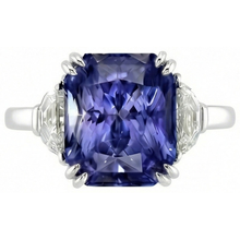 Afbeelding in Gallery-weergave laden, 3 Stenen Ring Dubbele Prong Stralende Saffier 4 Karaat Halve Maan Diamanten
