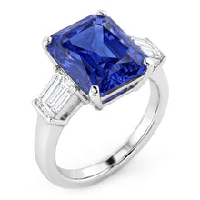 Afbeelding in Gallery-weergave laden, 3 Stenen Ring Stralende Saffier &amp; Baguette Diamanten 4 Karaat Wit Goud
