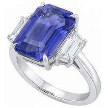 Afbeelding in Gallery-weergave laden, 3 steen blauwe saffier ring smaragd &amp; trapezium Natuurlijke echte diamant ( niet in het laboratorium gekweekt )en 3,50 karaat
