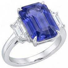 Afbeelding in Gallery-weergave laden, 3 steen blauwe saffier ring smaragd &amp; trapezium Natuurlijke echte diamant ( niet in het laboratorium gekweekt )en 3,50 karaat
