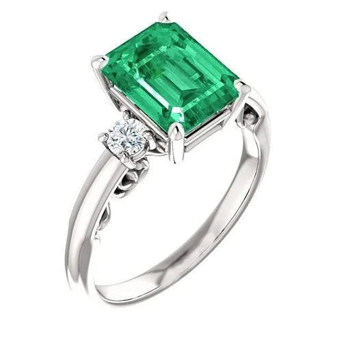 3 stenen 15,50 ct. Groene smaragd met diamanten Ring Prong Set WG 14K