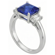 Afbeelding in Gallery-weergave laden, 3 stenen gouden ring prinses blauwe saffier &amp; trapezium Natuurlijke echte diamanten ( niet in een laboratorium gekweekt ) 4 karaat
