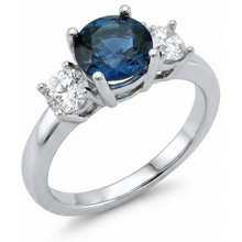 Afbeelding in Gallery-weergave laden, 3 stenen ovale saffier met ronde Natuurlijke echte diamanten ( niet in een laboratorium gekweekt ) ring 4 kt witgoud 14K
