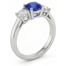 Afbeelding in Gallery-weergave laden, 3 stenen ronde blauwe saffier Natuurlijke echte diamanten ( niet in een laboratorium gekweekt ) ring 4 karaat griffen set goud 14K
