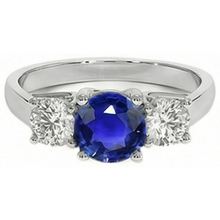 Afbeelding in Gallery-weergave laden, 3 stenen ronde blauwe saffier Natuurlijke echte diamanten ( niet in een laboratorium gekweekt ) ring 4 karaat griffen set goud 14K
