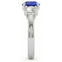 Afbeelding in Gallery-weergave laden, 3 stenen ronde blauwe saffier Natuurlijke echte diamanten ( niet in een laboratorium gekweekt ) ring 4 karaat griffen set goud 14K
