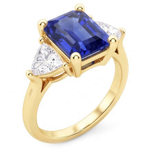 Afbeelding in Gallery-weergave laden, 3 stenen smaragd blauwe saffier ring met biljoen Natuurlijke echte diamant ( niet in het laboratorium gekweekt )en 2,50 karaat
