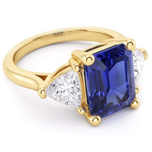 Afbeelding in Gallery-weergave laden, 3 stenen smaragd blauwe saffier ring met biljoen Natuurlijke echte diamant ( niet in het laboratorium gekweekt )en 2,50 karaat
