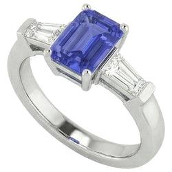 3 stenen stokbrood Natuurlijke echte diamant ( niet in het laboratorium gekweekt )en blauwe saffier ring smaragd geslepen 1,75 karaat