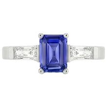 Afbeelding in Gallery-weergave laden, 3 stenen stokbrood Natuurlijke echte diamant ( niet in het laboratorium gekweekt )en blauwe saffier ring smaragd geslepen 1,75 karaat
