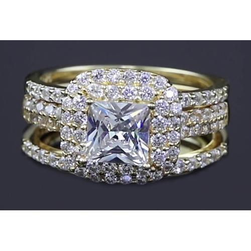 3 Karaat Prinses Geslepen Echt Diamanten Halo Geel Gouden Ring