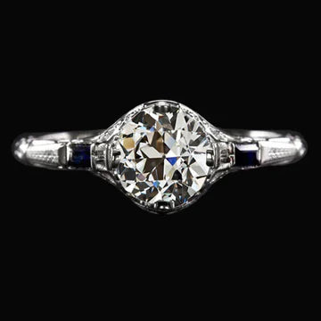 3 Stenen Art Deco Sieraden Nieuwe Oude geslepen Echt Diamant En Blauwe Saffieren Ring