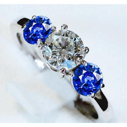 3 Stenen Ring Echt Diamant & Blauwe Saffier 3,50 Karaat Kathedraal Instelling