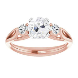 Driesteens Ring Rond Oud Mijn Geslepen Natuurlijk uit de aarde gewonnen Diamant Dubbel Prong Gezet 3.50 Karaat