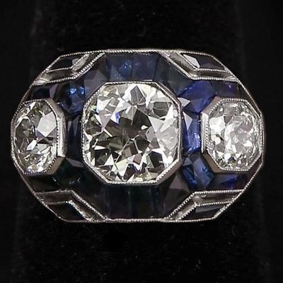 3 Stenen Stijl Oude Geslepen Ronde Echt Diamanten Ring & Blauwe Saffier 6 Karaat