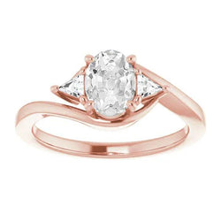 Drie Steen Trillion & Ovaal Oud Geslepen Natuurlijk uit de aarde gewonnen Diamanten Ring Prong Gezet 4 Karaat
