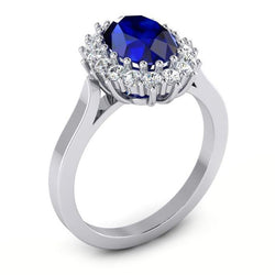3,5 ct ovale Ceylon saffier ronde Natuurlijke echte diamanten ( niet in een laboratorium gekweekt ) ring wit goud 14k