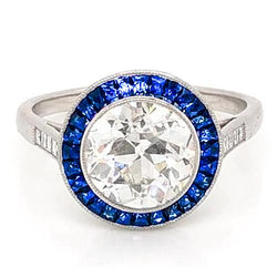 3,50 Karaat Blauwe Saffier Echt Diamanten Ring Oude Mijnwerker Wit Goud 14K