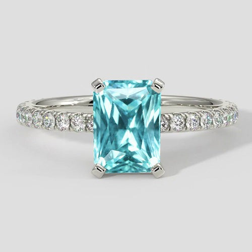 3ct kussen Paraiba ring met diamanten band