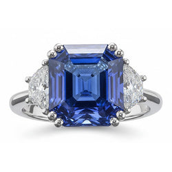 Driestenen Ring met Trapeziumvormige uit de aarde gewonnen Diamanten en Asscher Blauwe Saffier 5 Karaat