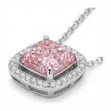 Afbeelding in Gallery-weergave laden, Roze diamanten ketting 4,5 karaat labgekweekt radiant Halo pavé kathedraal hanger 14K Witgoud
