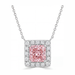 Roze diamanten ketting met 4,5 karaat labgekweekte radiant halo pavé hanger, 14k witgoud