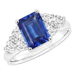 4 ct Emerald Cut Ceylon blauwe saffier en ronde Natuurlijke echte diamanten ( niet in een laboratorium gekweekt ) trouwring